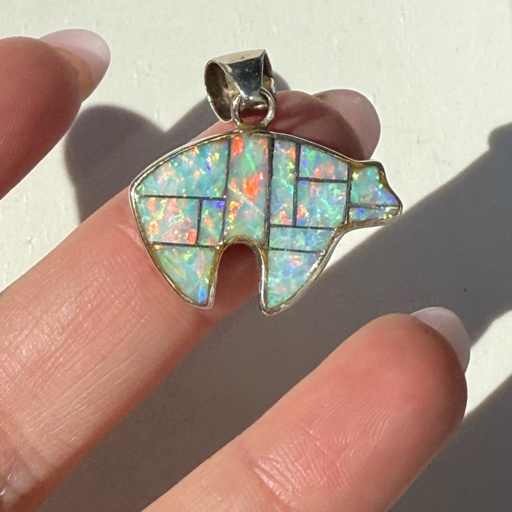 Gorgeous Sterling Silver Navajo Bear Fetish Fire Opal Pendant